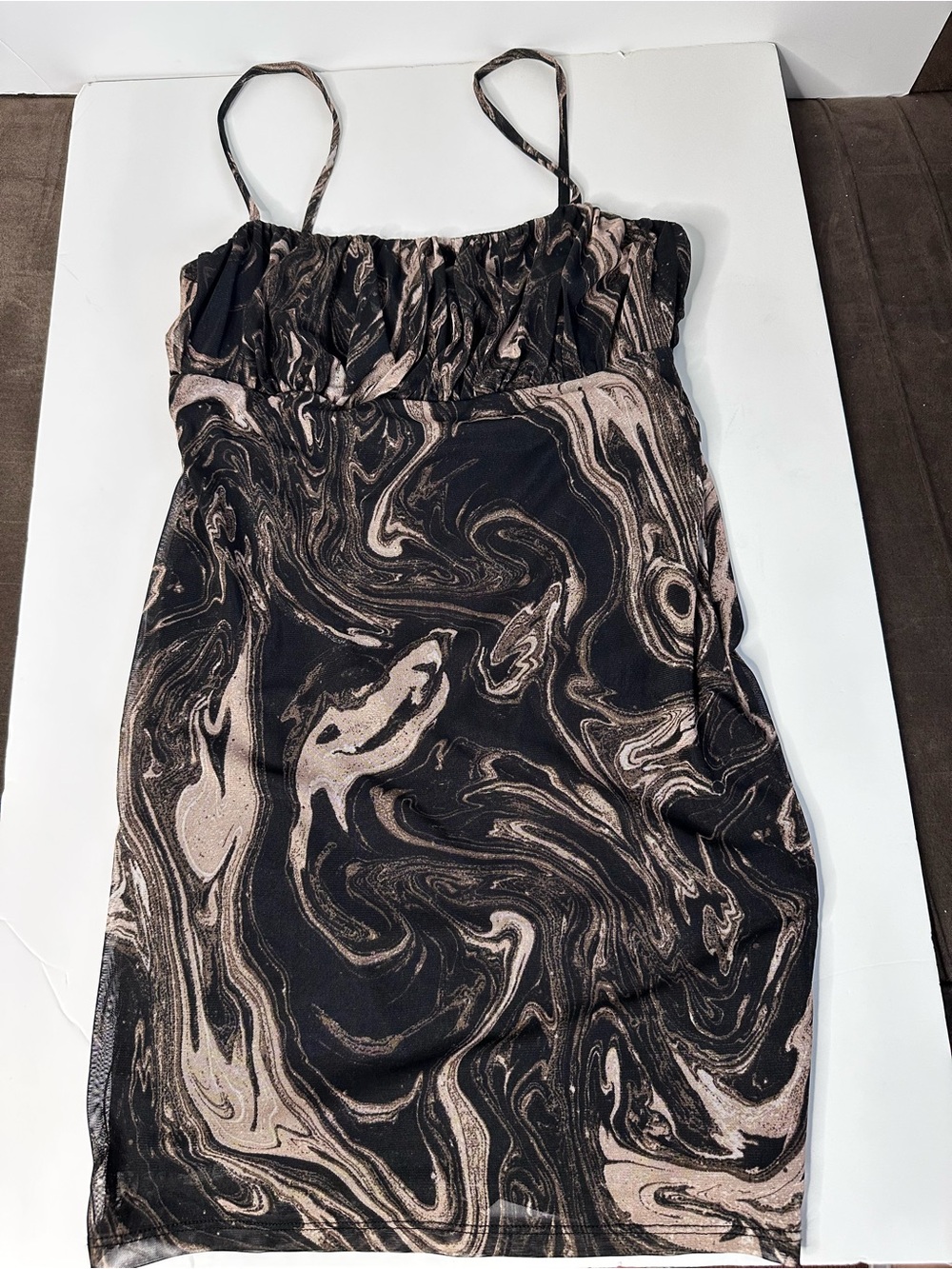 Women’s Black & Beige Marble Print Slip Dress